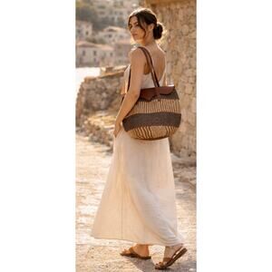 Vintage Large Sisal Woven Tote Leather Trim Market Bag Rare Boho